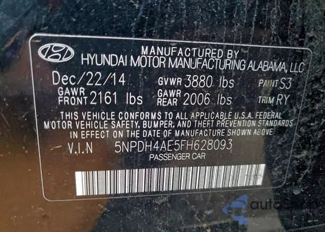 2015 Hyundai Elantra Se from USA, damaged, VIN 5NPDH4AE5FH628093